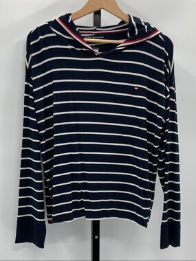 Tommy Hilfiger Navy, White & Red Striped Hooded Pullover